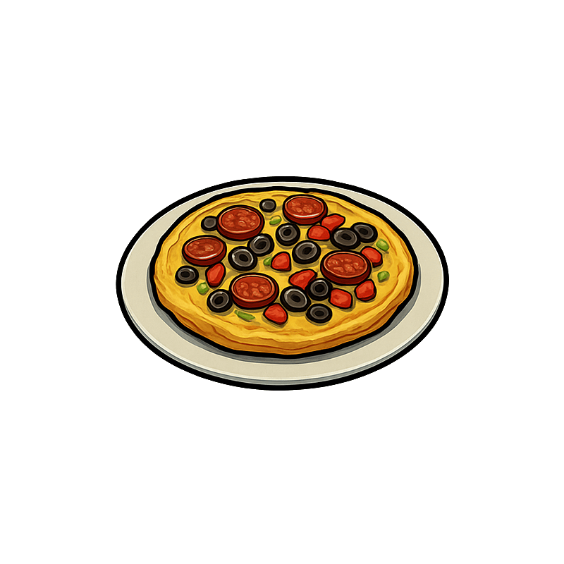 Omlet z serem, chorizo, oliwkami i pomidorami